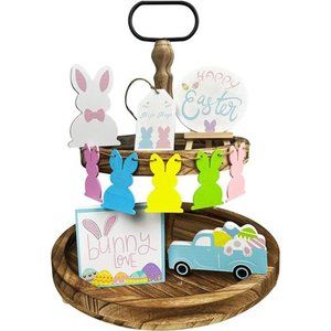 10 Pieces Easter Tiered Tray Decorations Spring Wooden Sign  (Bunny Style)